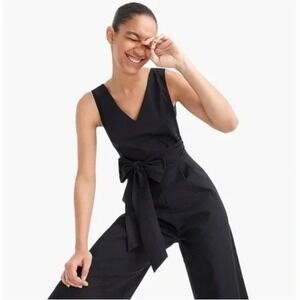 J. Crew Wrap-Tie Jumpsuit in Stretch Poplin V Neck Sleeveless Wide Leg Cropped 2